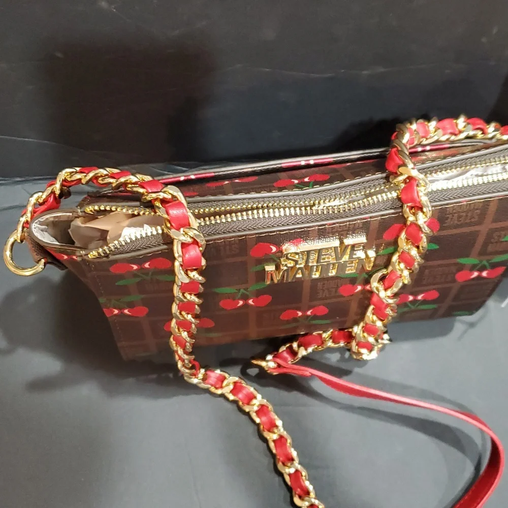 Steve Madden brown plaid checkered cherry print bryder crossbody bag and charm - Picture 7 of 13